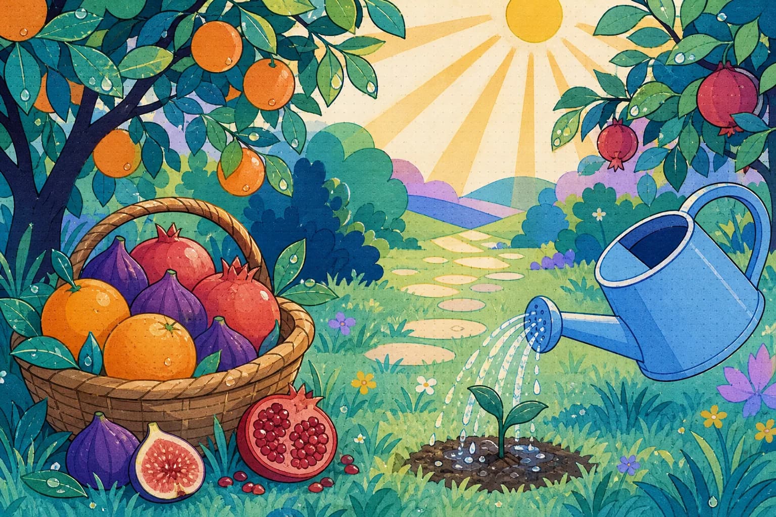 A playful illustration of a sunny orchard path where a woven basket overflows with fruit, dew drops sparkle on every leaf, and a small watering can pours water onto a new sprout.